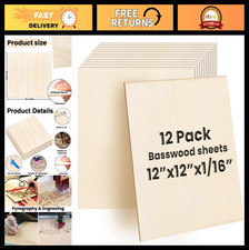 12 Pack Basswood Sheets 12x12x1/16" Unfinished Thin Wood for Crafts, Models, Las