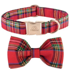 Dog Collar Christmas Plaid with Elegant Bow Tie Soft Comfy Cotton Adjustable ...