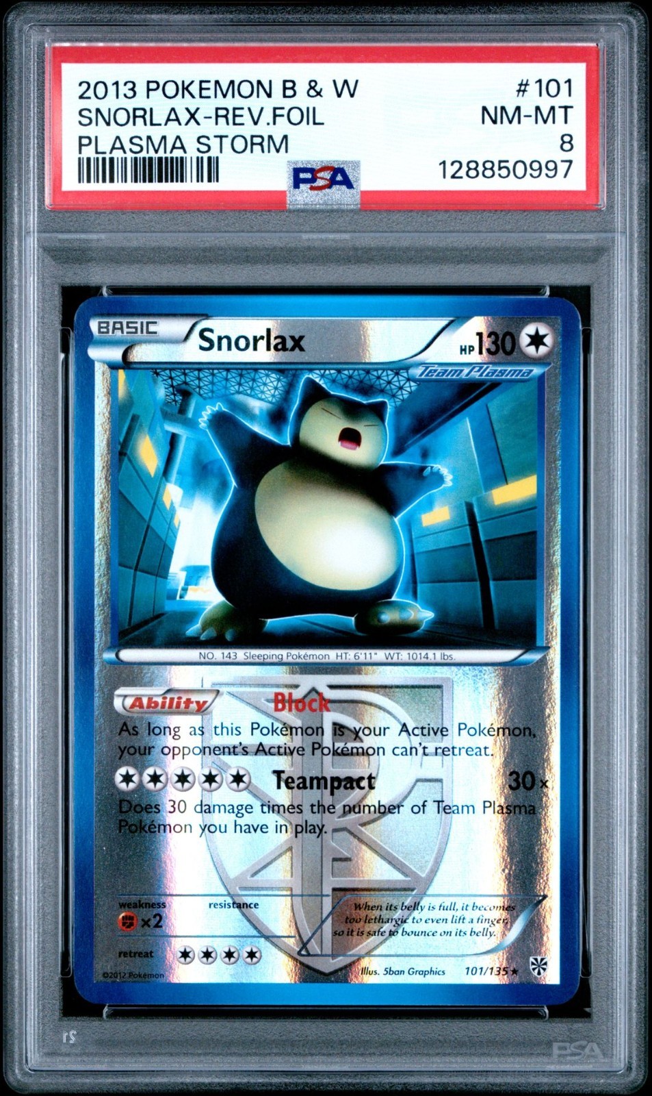Snorlax 101/135 Plasma Storm Reverse Holo PSA 8