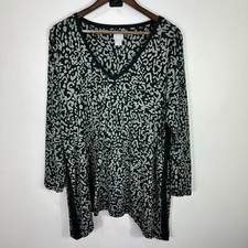 Chicos 2 L Gray Black Leopard Print V Neck Tunic Top Pima Cotton Boho Chic