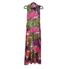 Tommy Bahama Extra Small Pink Green Tropical Print Linen Maxi Dress Sleeveless