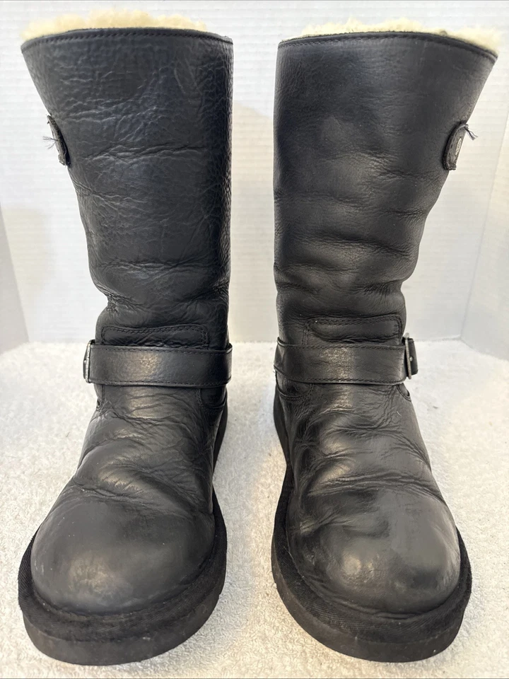 UGG Womens Kensington Black Leather Buckle Sheepskin Mid Moto Boots Size 7 5678 - Image 2 of 4