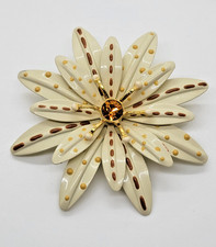 VINTAGE JOAN RIVERS ORANGE RHINESTONE WHITE ENAMEL DAISY FLOWER GOLD TONE BROOCH