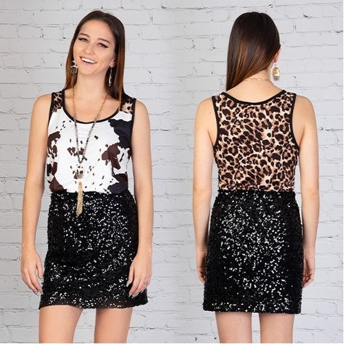 Womens Cow Print Tank Top Leopard Print Back Scoop Neck T-Shirt - S M L XL - Picture 2 of 4