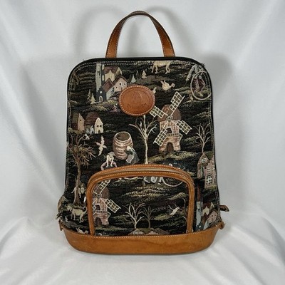 Vtg Tapestry Backpack Woven Village Scene Leather Trim Belgium Art Boho Rucksack