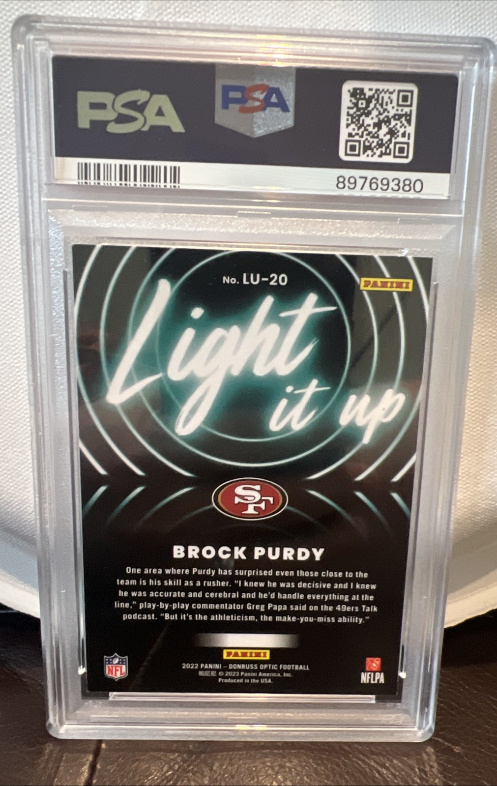 2022 Donruss Optic BROCK PURDY *LIGHT IT UP* Rookie #LU20 PSA 10 Case Print view 2