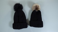 2 Pack Hat Beanie Womens One Size Black Knit Faux Fur Pom Cuffed Winter Warm