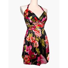 Trixxi Floral Satin Pinup Halter Dress Size Medium Retro Style Bubble Hem