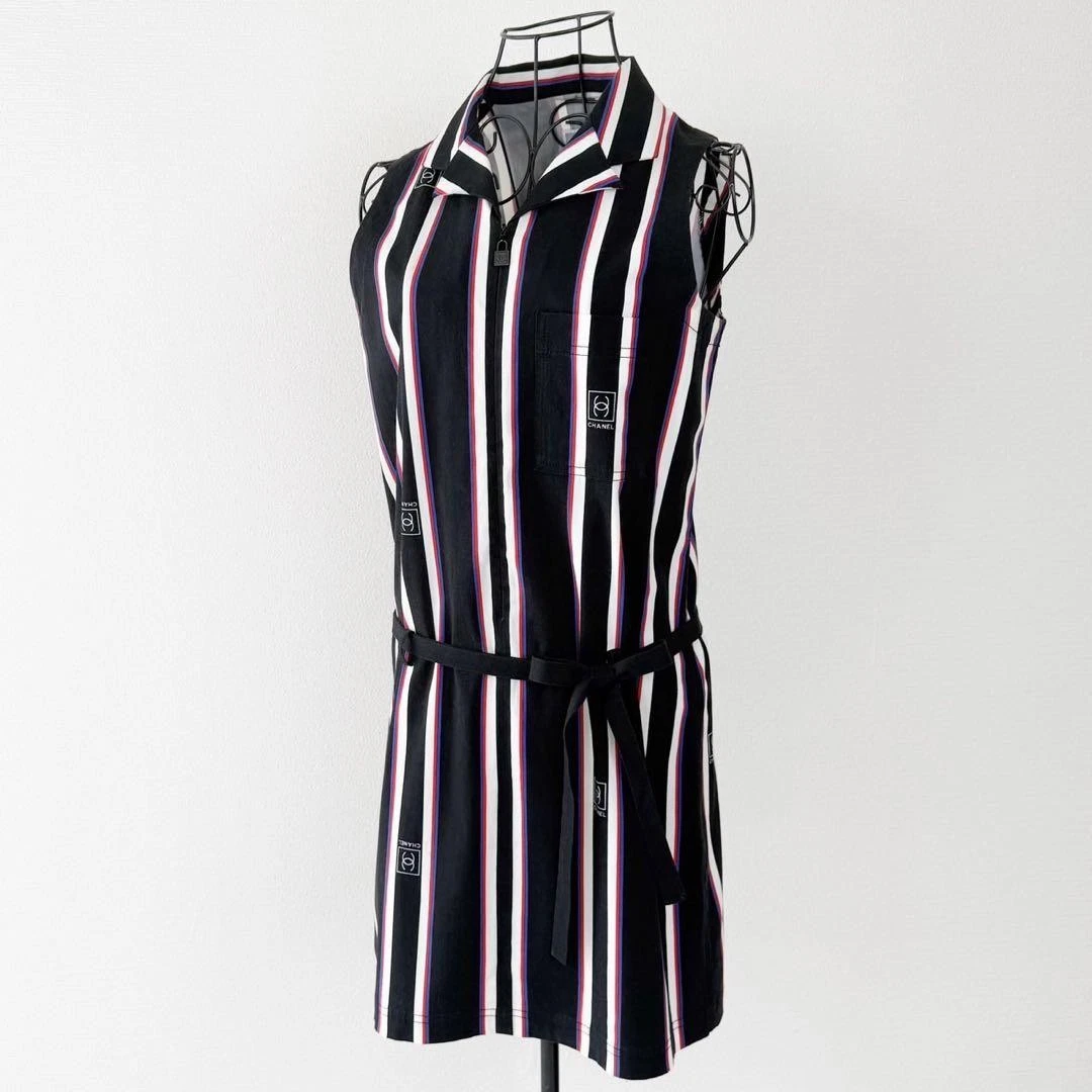 Autentico Abito CHANEL Linea Sportiva Zip up Coco Mark Multi Strisce Cotone Taglia 36