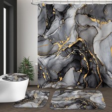 4 Pcs Black Marble Shower Curtain Sets with Rugs Gold Bathroom Sets with Shower
