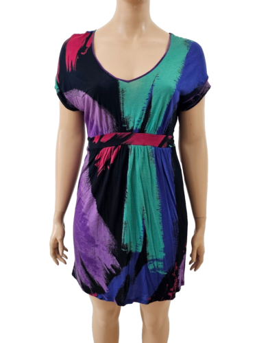 EVANS  wunderschönes Kleid Trapez fit&flare bunt Muster Selbstgürtel Jersey 46 - Picture 1 of 16
