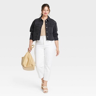 Women's Plus Size Cropped Denim Jacket - Ava & Viv Black Denim 3X