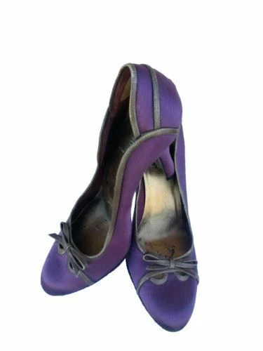 Scarpe décolleté MIU MiU Prada viola raso pelle marrone tacco a blocco US 8 EU 38 Italia