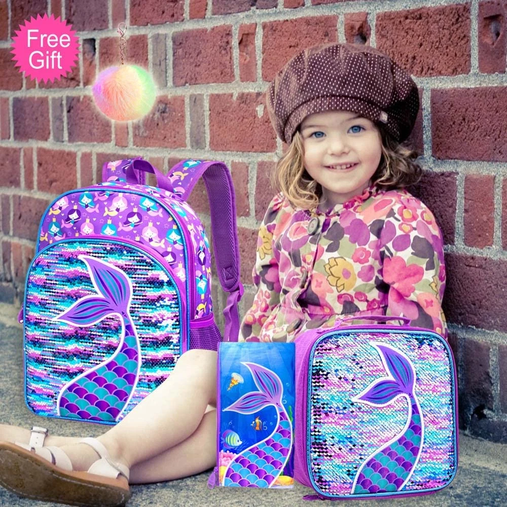 AGSDON 3PCS Unicorn Backpack for Girls, 16 Little Kids Sequin Preschool  School Bookbag and Lunch Box