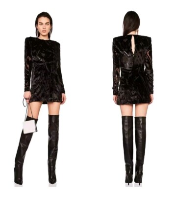 SAINT LAURENT Black Draped Burnout Velvet Silk Long Sleeve
