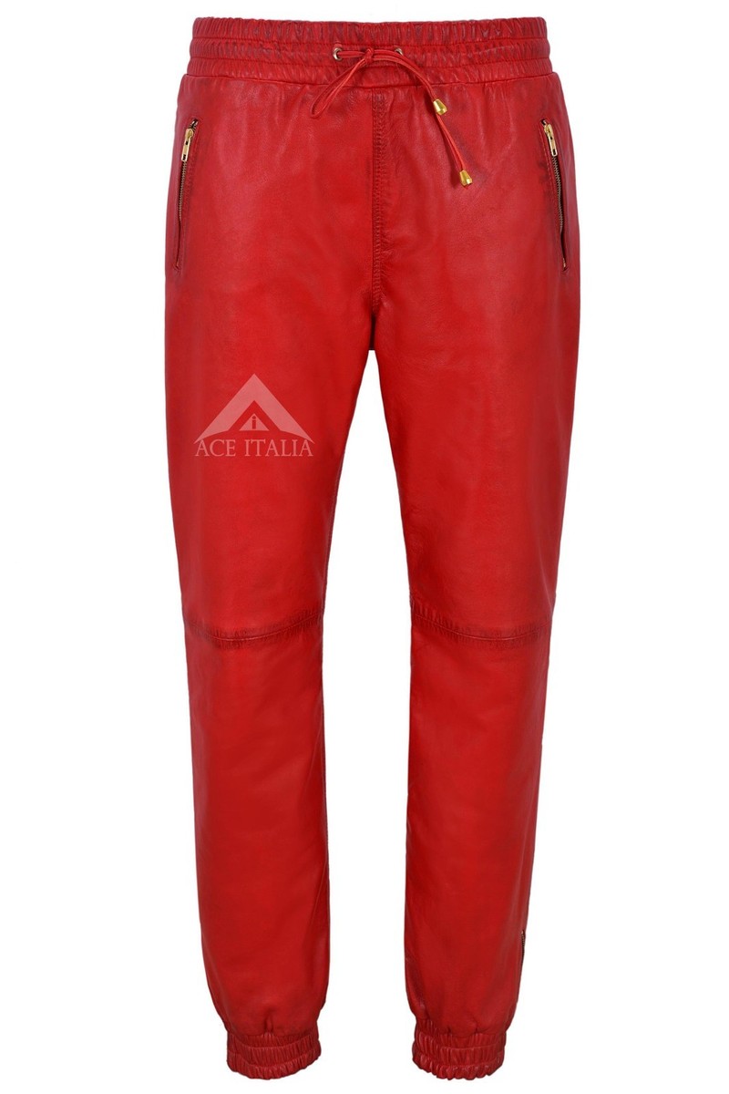 Ladies Leather Trousers Soft Red Napa Sweat Track Pant Zip Jogging