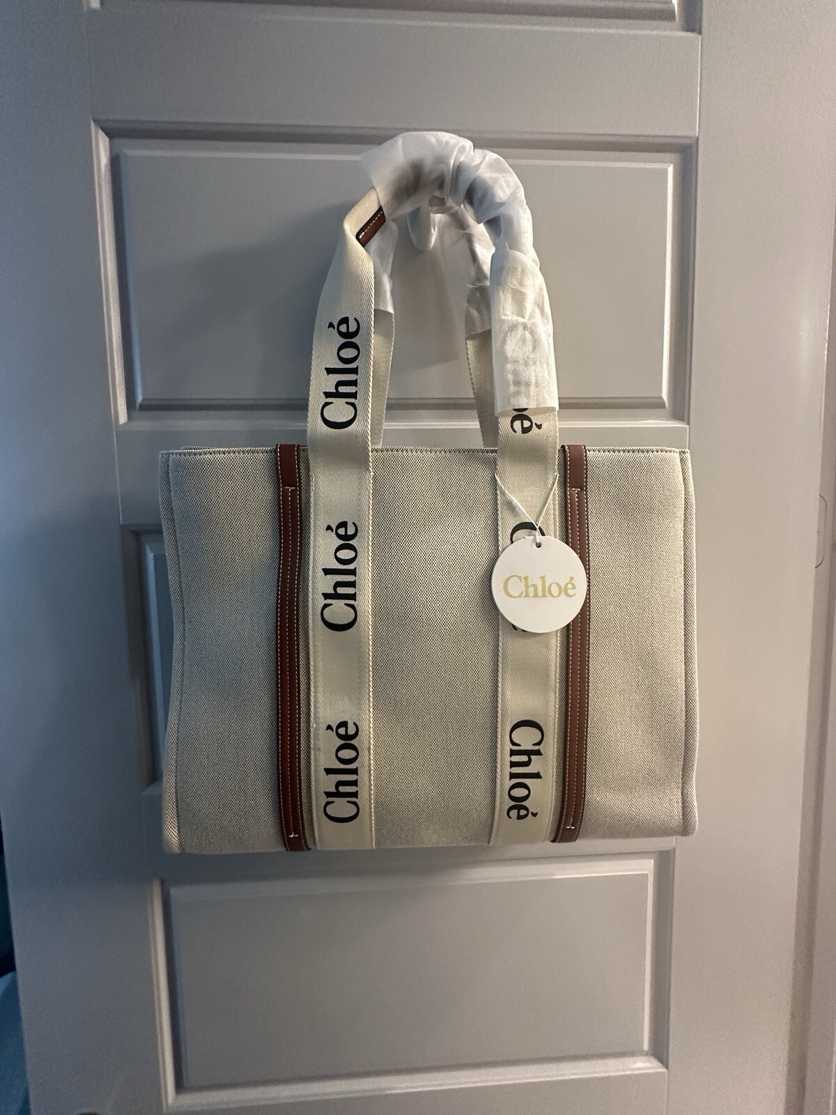 Chloe Woody Tote White & Brown Linen NWT Large $1650 Retail