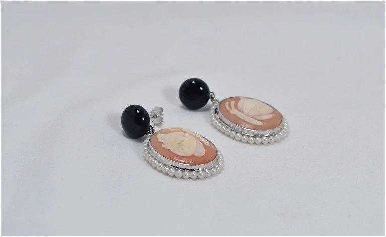 Pendientes de Plata 925 Con Ónix Perlas Y Camafeos Mariposas Aght 0418 - Imagen 2 de 3