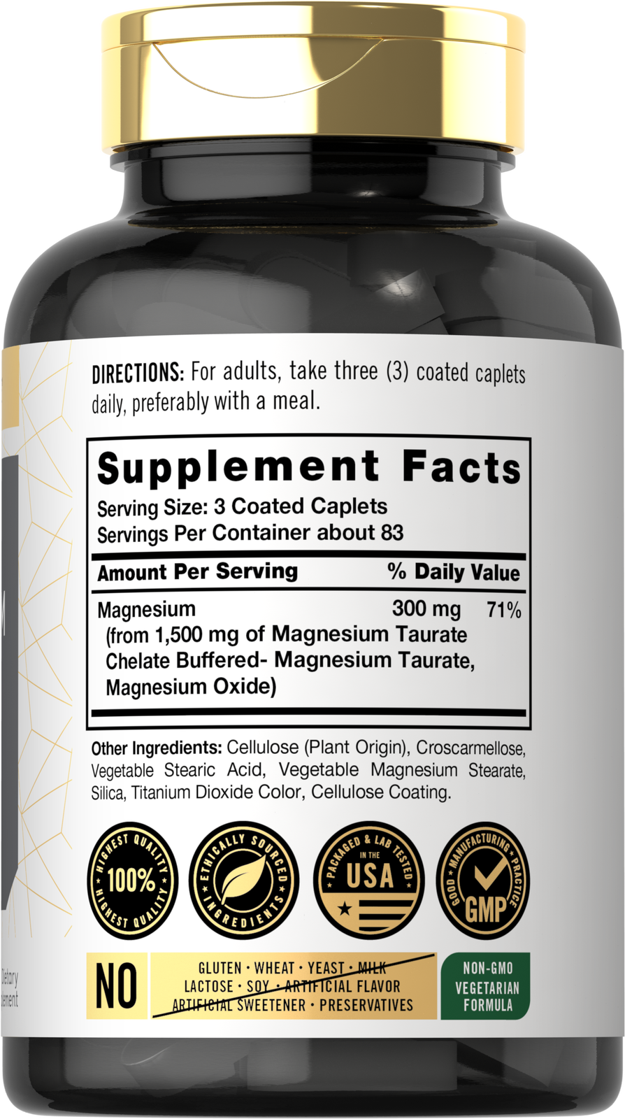 Magnesium Taurate 1500mg 250 Caplets Vegetarian, NonGMO by