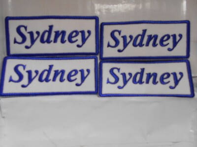 SYDNEY  NEW EMBROIDERED  SEW / IRON ON NAME PATCH BLUE ON WHITE 1-1/2t X 3-1/2w