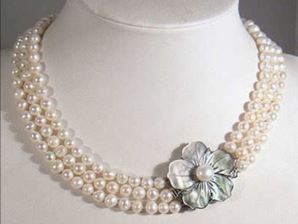 3 Rows Natural 7-8mm White Freshwater Pearl Necklace 17-19'' Shell