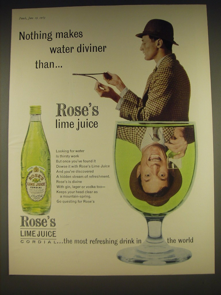 1963 Rose's Lime Juice Cordial Ad Nothing makes water diviner