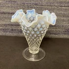 Fenton Opalescent Hobnail Trumpet Vase – Double Crimped VTG Art Glass 5-1/2”