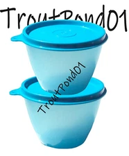 TUPPERWARE Refrigerator Bowls 14 oz Aqua Blue Leftovers Nesting Stacking Set 2