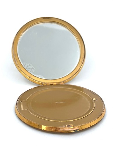 Wadsworth Powder Compact 1940s Brass Etched Florals on Sparkly Black 3in Vintage - Afbeelding 3 van 17