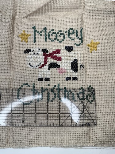 Completed Cross Stitch Cow Mooey Christmas Unframed Christmas Winter - Picture 3 of 4