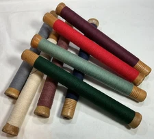 8 Vintage Primitive Shuttle Bobbins, Quills, Spindles W/Thread, Brass Ends 10" T