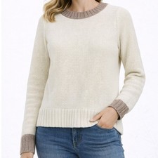 Banana Republic Sweater Womens Med Ivory Gold Metallic Trim Garter Stitch Knit