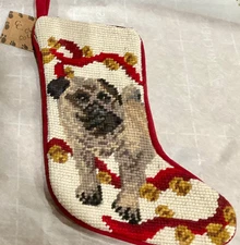 VTG PUG MINI needlepoint Christmas stocking (8” x 6” )