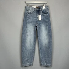 Judy Blue Jeans Womans 9/29 High Waist Side Panel Barrel Leg Stretch Distressed