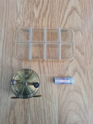VINTAGE DAM EFFZETT 495 BRASS FISHING REEL+ DAM SPLIT SHOT IN TIN + DAM FLY BOX
