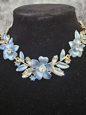 Icy Blue Petal & Crystal Flower Necklace – Elegant Garden Design