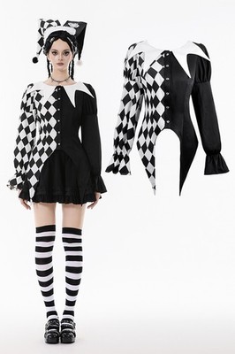 Dark in love Women Black White Harlequin Nocturne Ruffle Gothic Blouse Tops