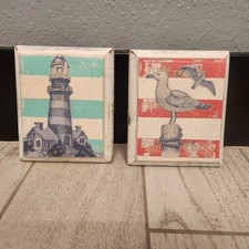 Set Of 2: Nautical Wooden Wall Art Teal Lighthouse Coral Seagull Coastal Decor