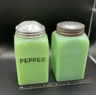 UG002 Green Uranium Milk  Glass Square Salt & Pepper Shakers with Metal Lids