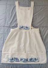 Vtg Women's/Girl's White Bib Apron Pockets Blue Embroidery Petite Has Stains