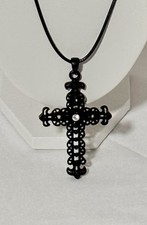 Black Gothic Style Cross Pendant Necklace with Rhinestone Accent