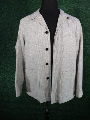 MR PORTER Mr P. Men's Sz L Navy White Cotton Blend Hickory Stripe Overshirt Coat