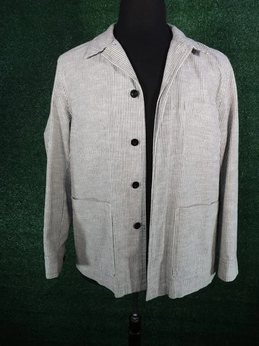 MR PORTER Mr P. Men's Sz L Navy White Cotton Blend Hickory Stripe Overshirt Coat - product listing photo