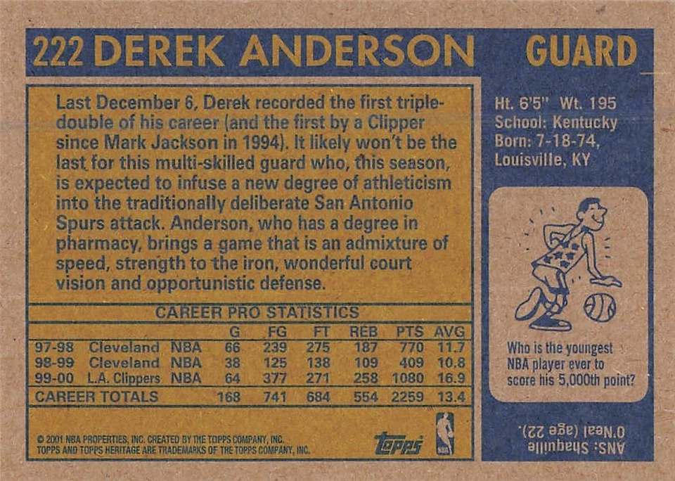 DEREK ANDERSON 2000-01 TOPPS HERITAGE BASKETBALL #222 - Image 2 of 2