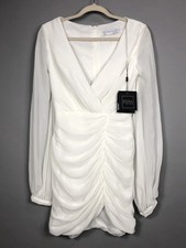 Ieena Mac Duggal White Blouson Mini Dress 4 Ruched Bishop Sleeve Chiffon Bridal
