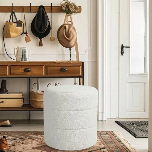 Cream Boucle Round Ottoman Foot Rest Stylish Pouf Seat 17.5 Inch Modern Design - Image 2 of 4