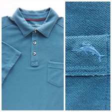 Tommy Bahama Tropicool Del Ray Polo Mens M Short Sleeve Teal Blue Pocket Marlin