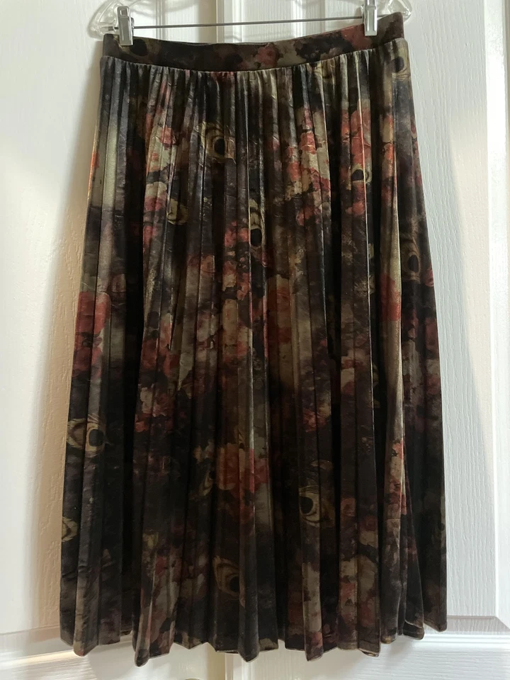 Mystree Skirt Womens Large Black Brown Velvet Pleated Floral Peacock Whimsygoth - Image 2 of 4