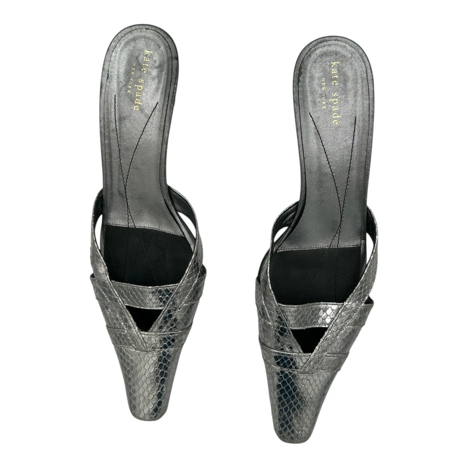 Kate Spade New York Silver Metallic Snakeskin Pointed Toe Mules Heels Size 10 - Image 2 of 4