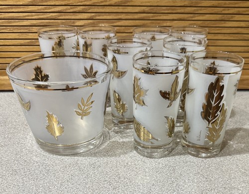 Bicchieri e caddy vintage Libbey Golden Foliage con secchiello ghiaccio 8 bicchieri G. Reeves - Foto 15 di 23